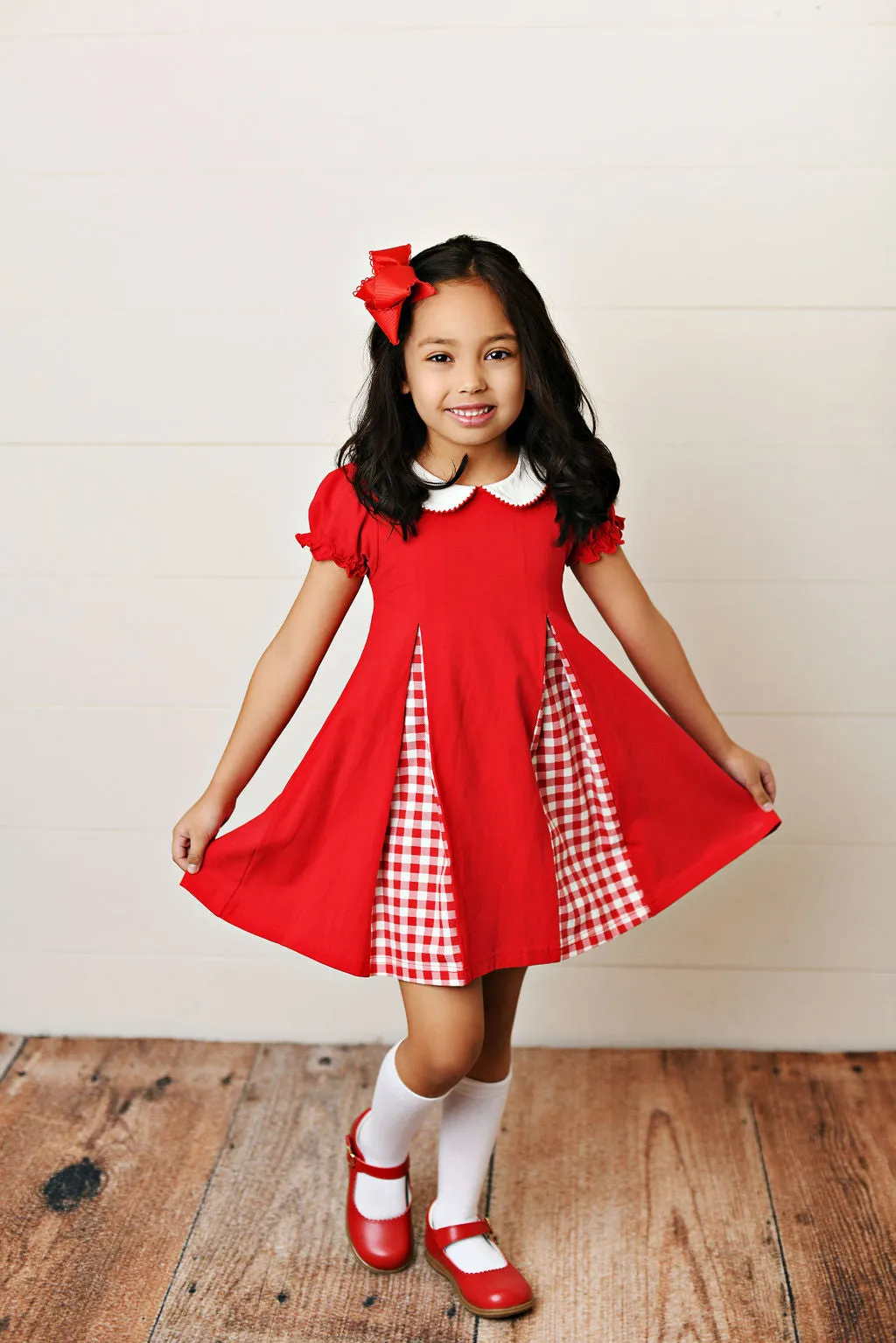 Red gingham pleat dress