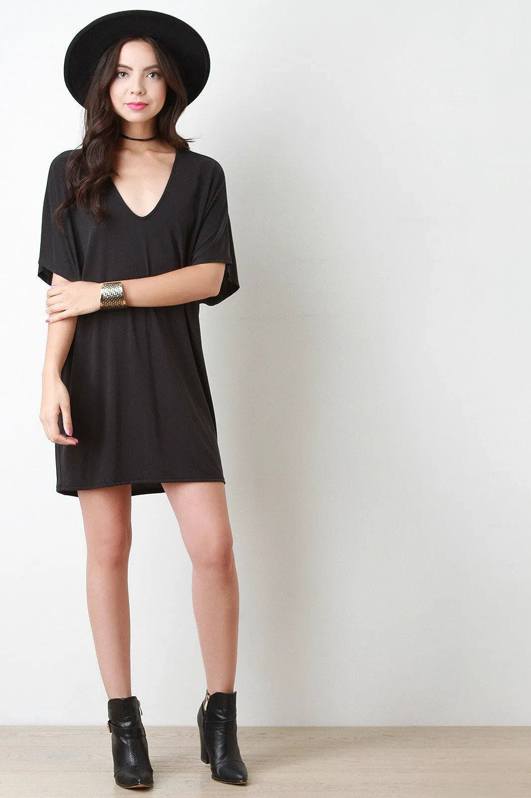 Relaxed Fit Dolman Sleeves Deep V Dress