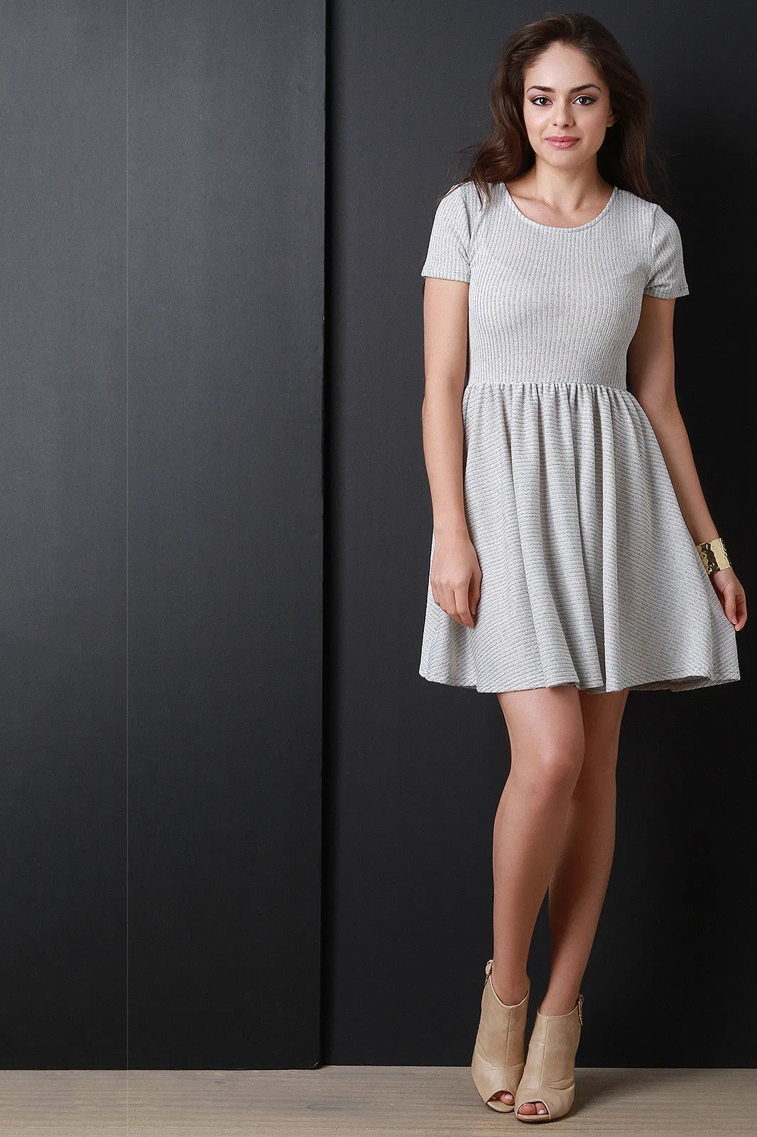 Ribbed Knit Round Neck Skater Dress