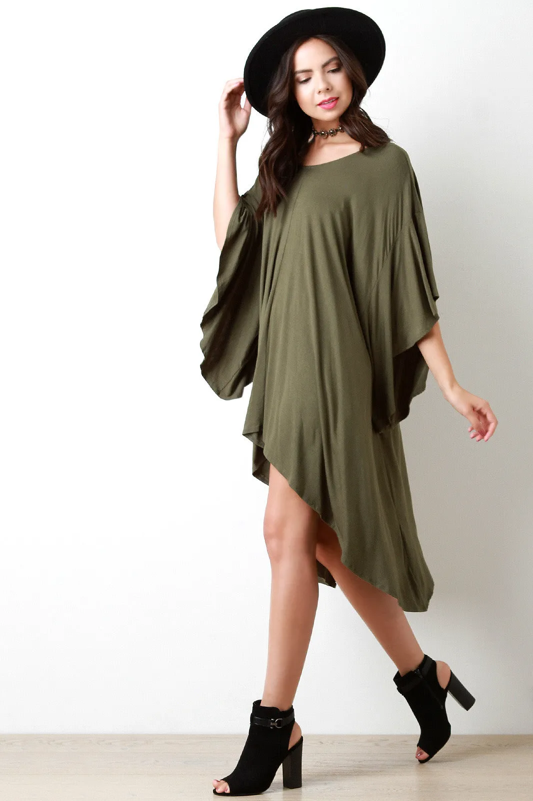 Ruffle Sleeves Sharkbite V-Back Shift Dress