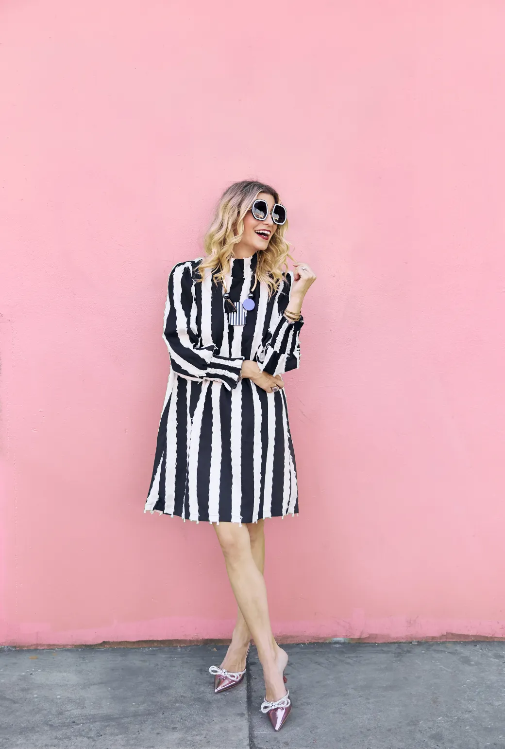 SAMPLE - Long Sleeve Mod Dress - Black & White Bow Stripe