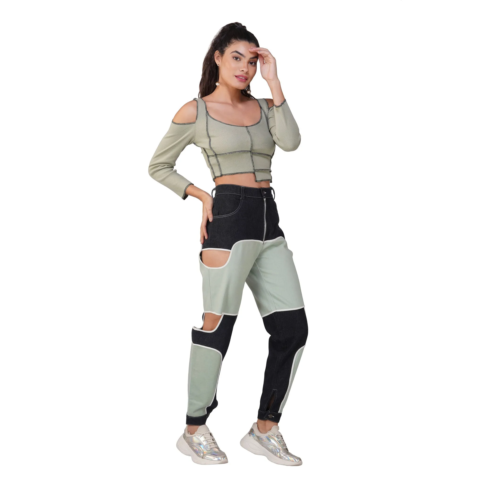 SLAY. Women's Contrast Stitch Olive Cold Shoulder Rib Full Sleeves Top & Jeans Co-ord Set