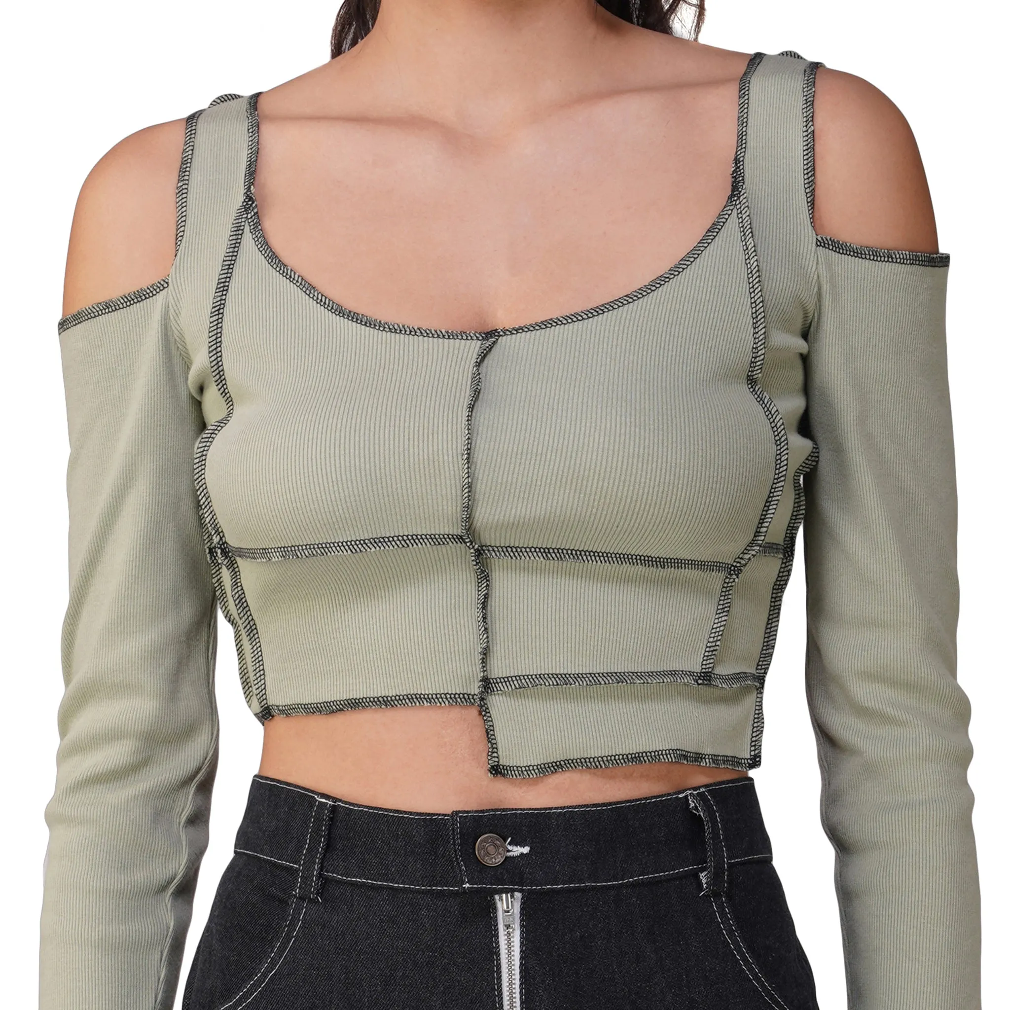 SLAY. Women's Contrast Stitch Olive Cold Shoulder Rib Full Sleeves Top & Jeans Co-ord Set