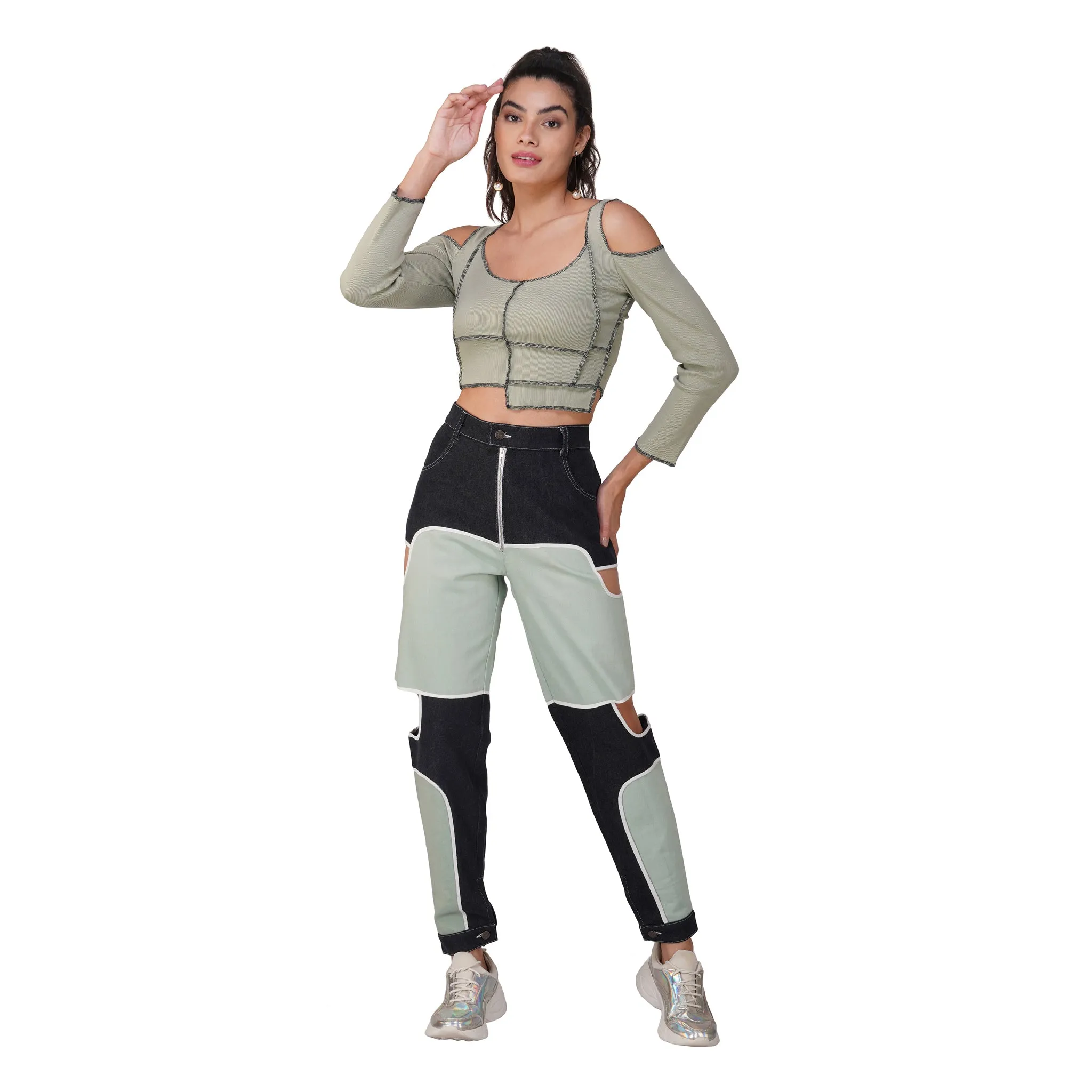 SLAY. Women's Contrast Stitch Olive Cold Shoulder Rib Full Sleeves Top & Jeans Co-ord Set