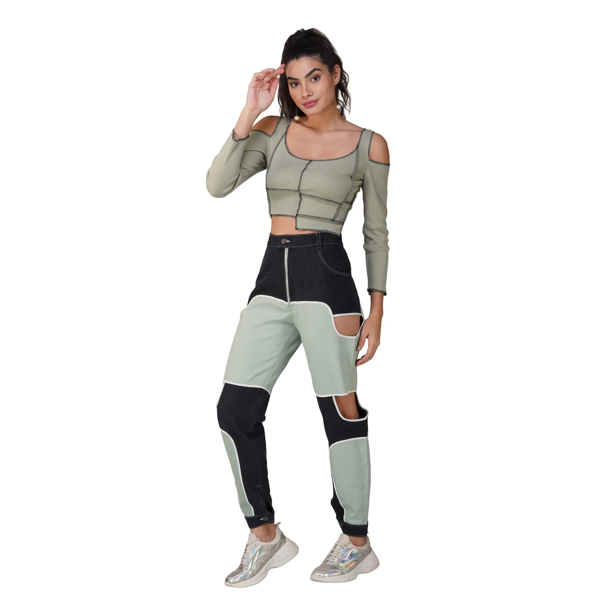 SLAY. Women's Contrast Stitch Olive Cold Shoulder Rib Full Sleeves Top & Jeans Co-ord Set