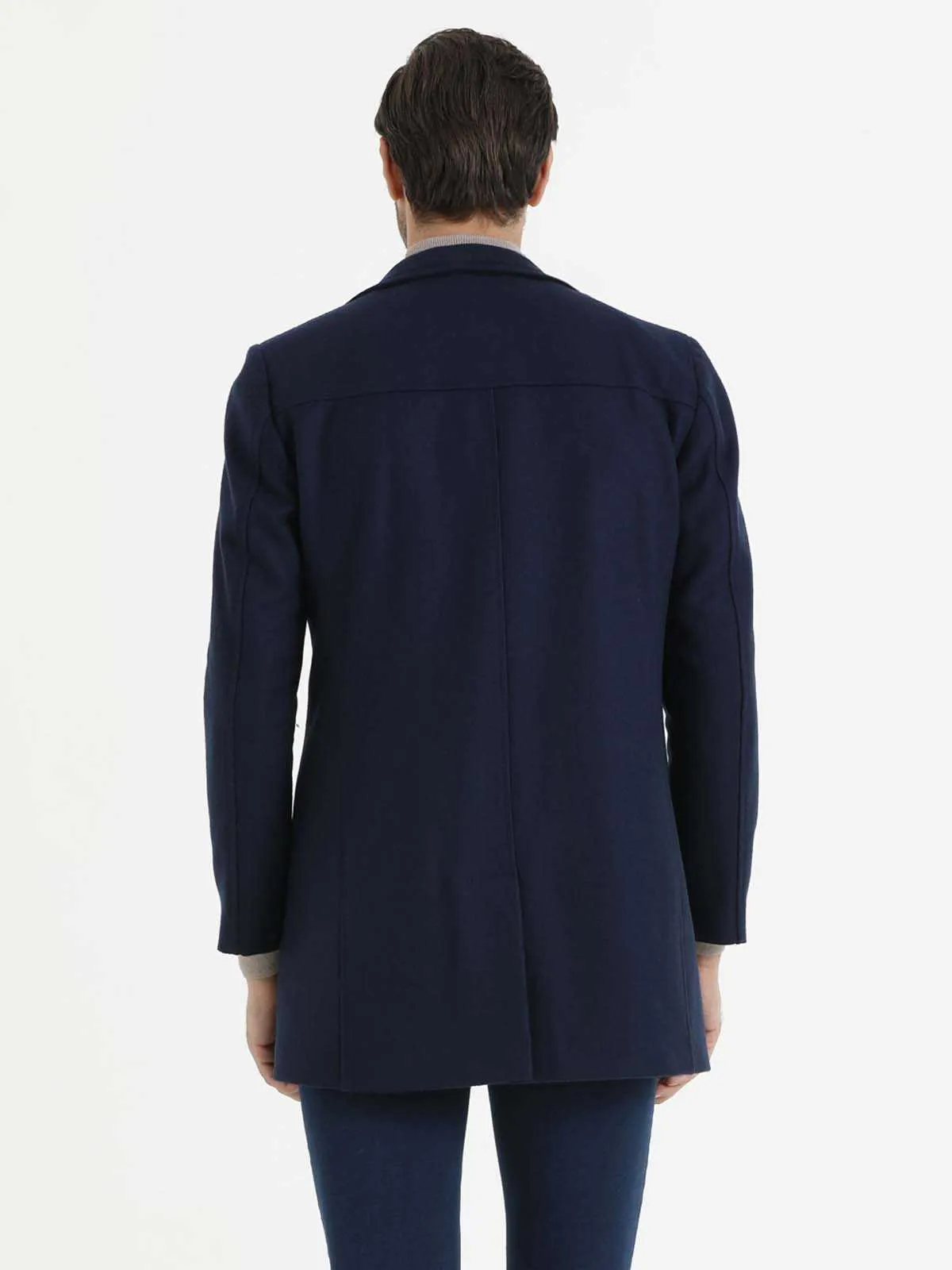 Slim Fit Stand Collar  Woollen Overcoat, Indigo