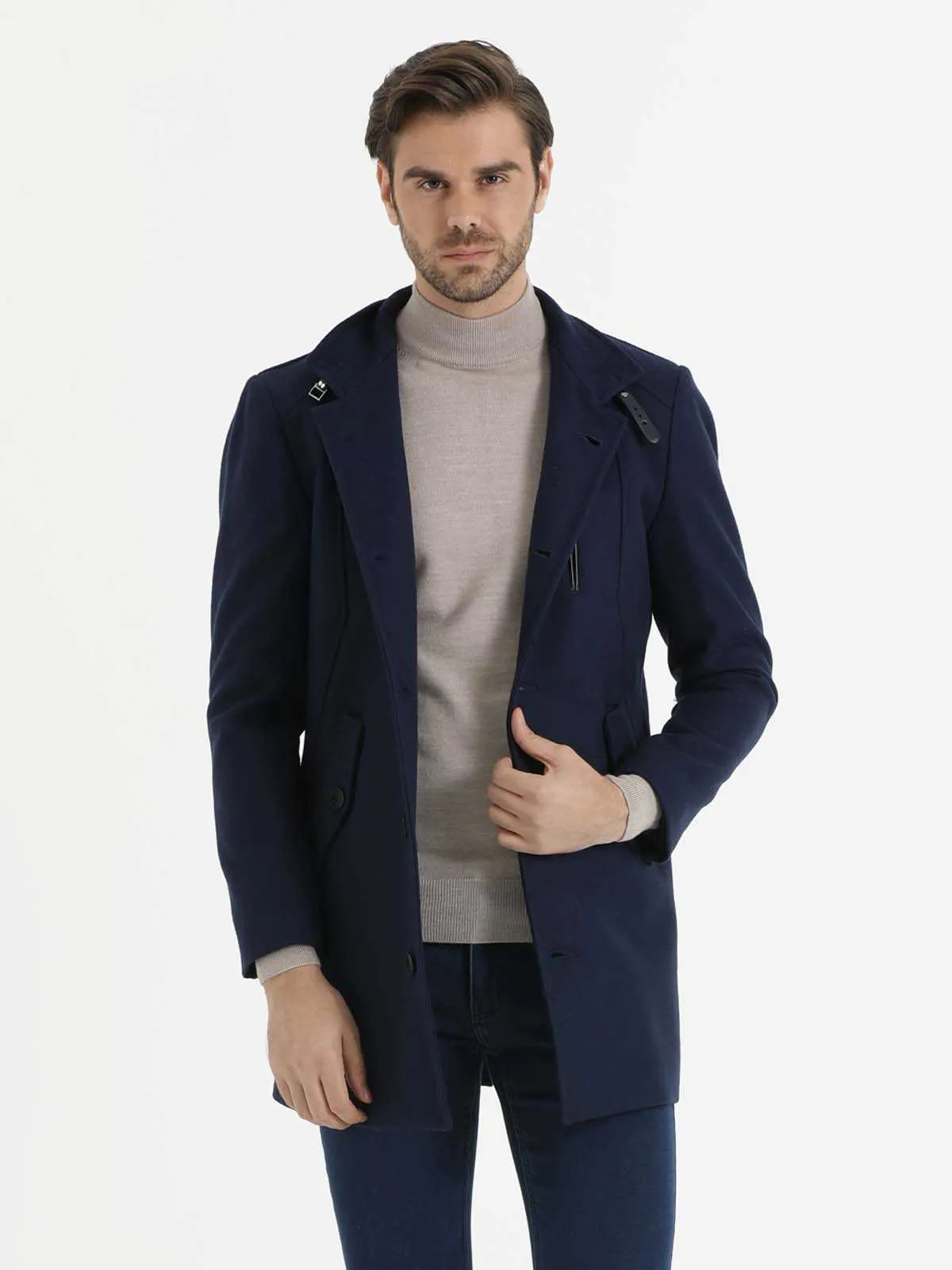 Slim Fit Stand Collar  Woollen Overcoat, Indigo