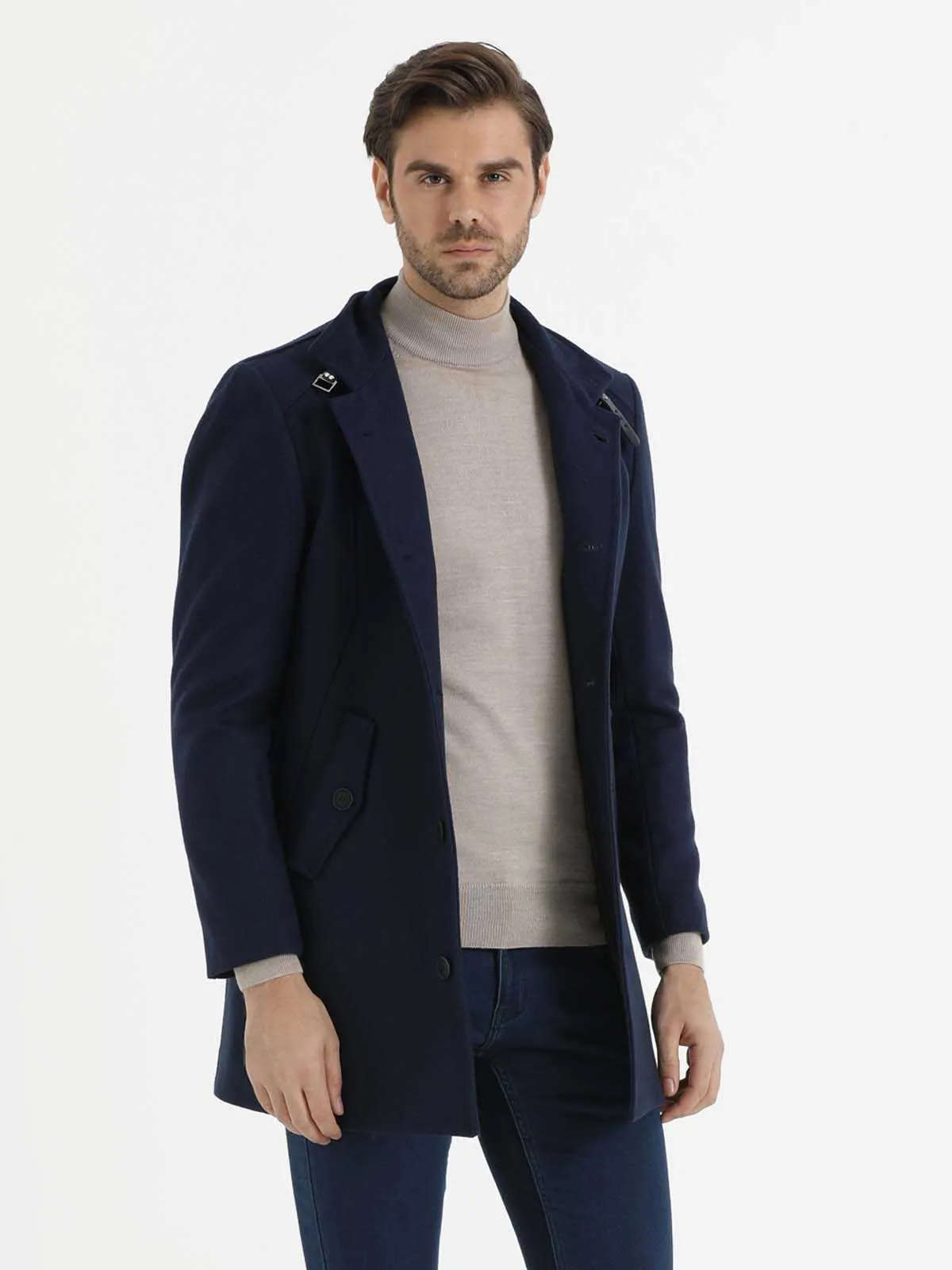 Slim Fit Stand Collar  Woollen Overcoat, Indigo