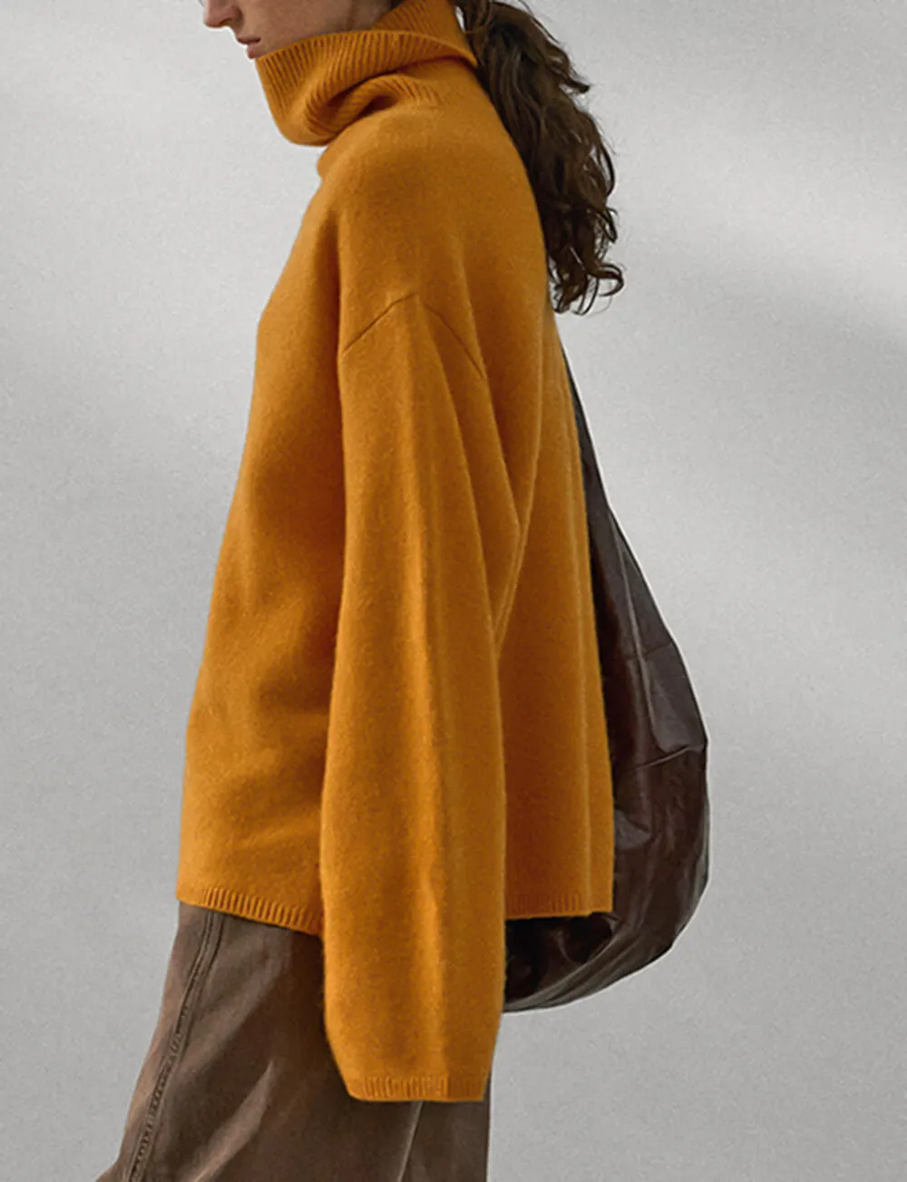 Soft Wool Oversized Turtleneck Sweater in Turmeric