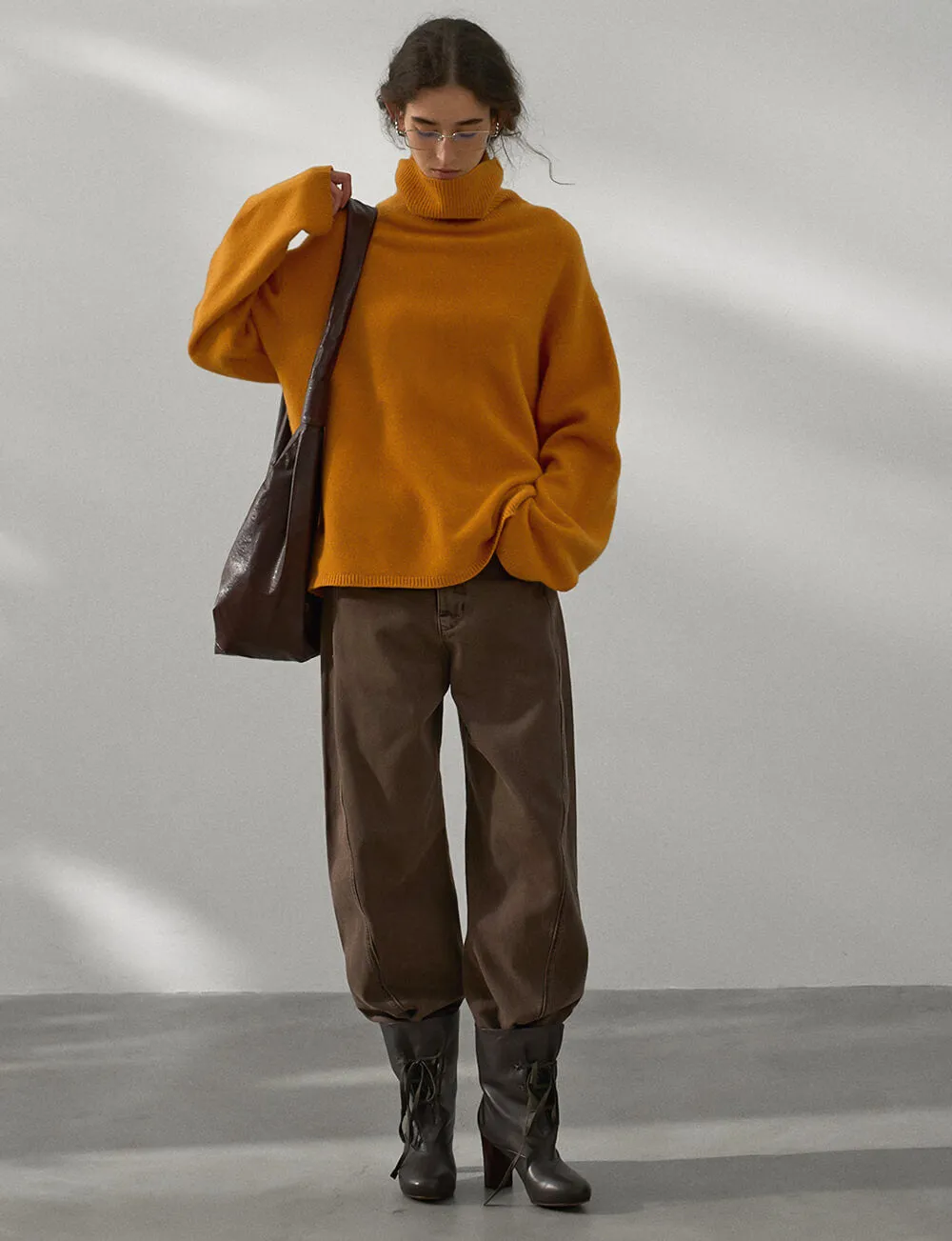 Soft Wool Oversized Turtleneck Sweater in Turmeric