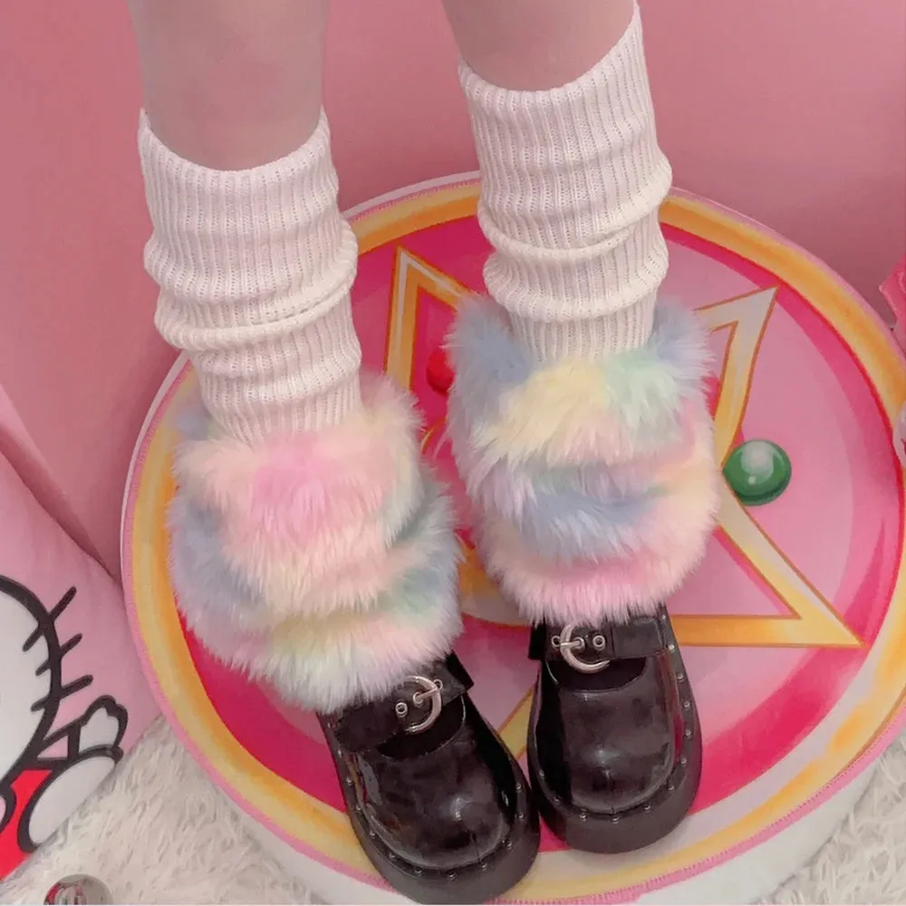 Sohiwoo JK Rainbow Leg Warmer Plush Imitation Fur Cute Japanese Women Knitted Over Knee Tube Warm Long Leg Cover Party Socks