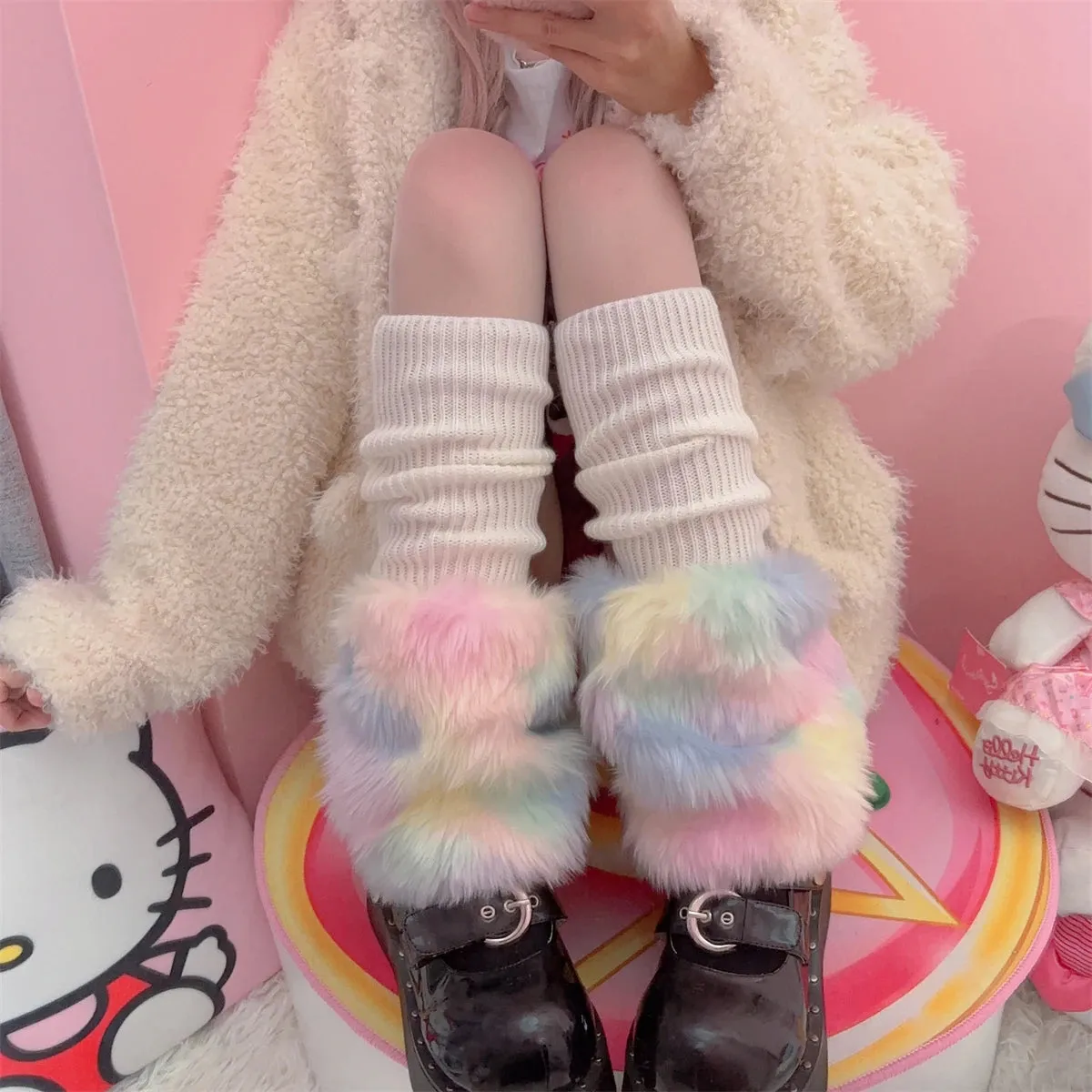 Sohiwoo JK Rainbow Leg Warmer Plush Imitation Fur Cute Japanese Women Knitted Over Knee Tube Warm Long Leg Cover Party Socks