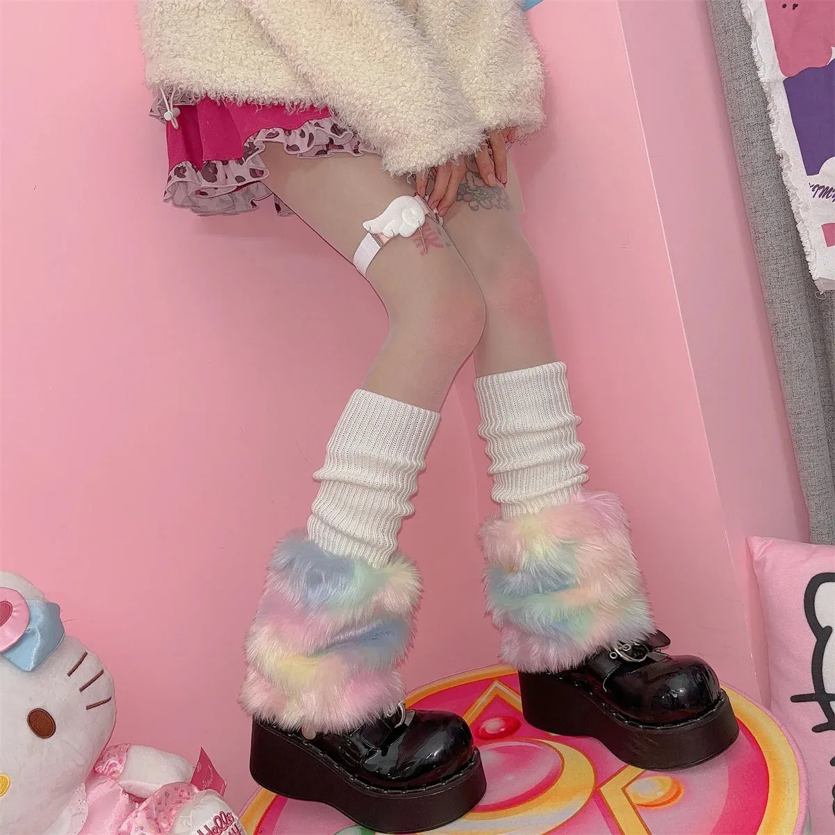 Sohiwoo JK Rainbow Leg Warmer Plush Imitation Fur Cute Japanese Women Knitted Over Knee Tube Warm Long Leg Cover Party Socks