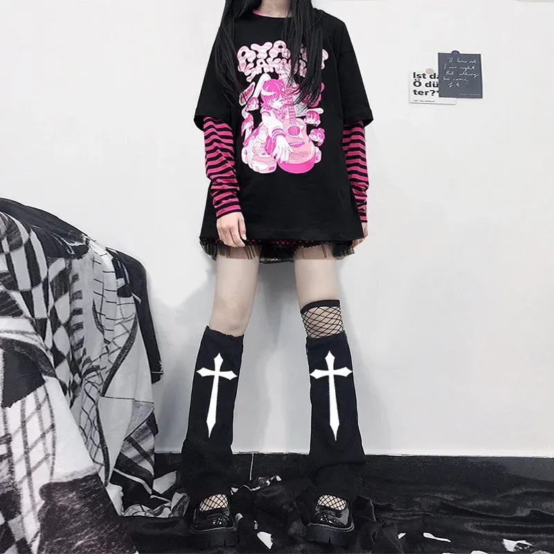 Sohiwoo Legwarmers Skeleton Japanese Jk Knitted Leg Warmer Red Heart Lolita Stockings Punk Harajuku Long Cable Knit Socks Flared Socks