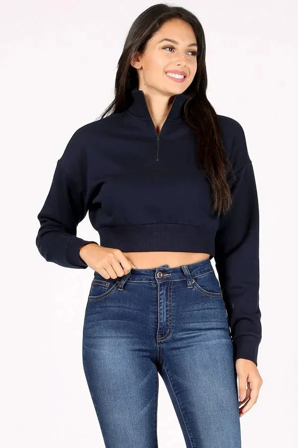 SOLID CROPPED PULLOVER SWEATER WITH LONG SLEEVES