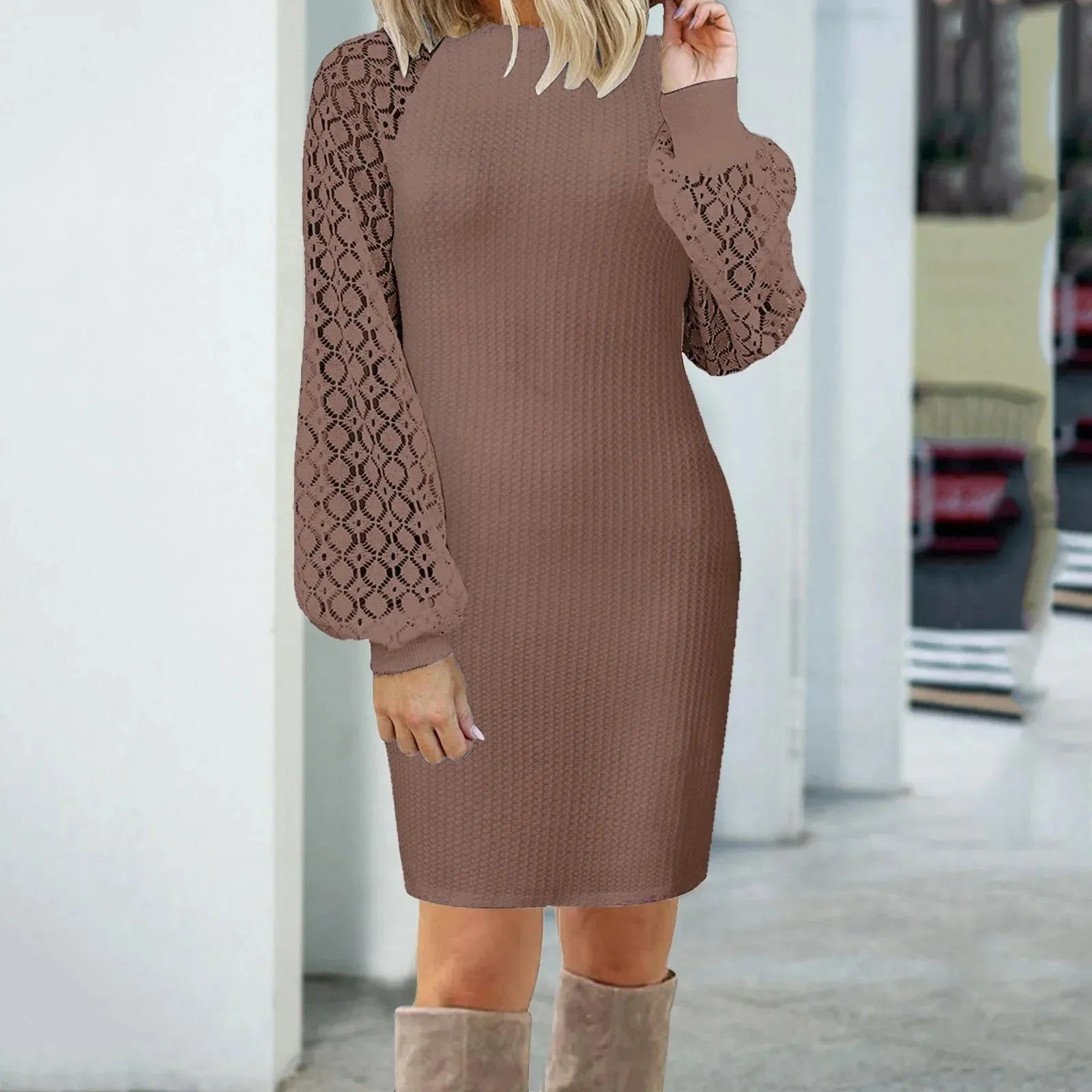 Stitching Knit Autumn Long Sleeve O Neck Casual Loose Office Lady Elegant Casual Lace Dress