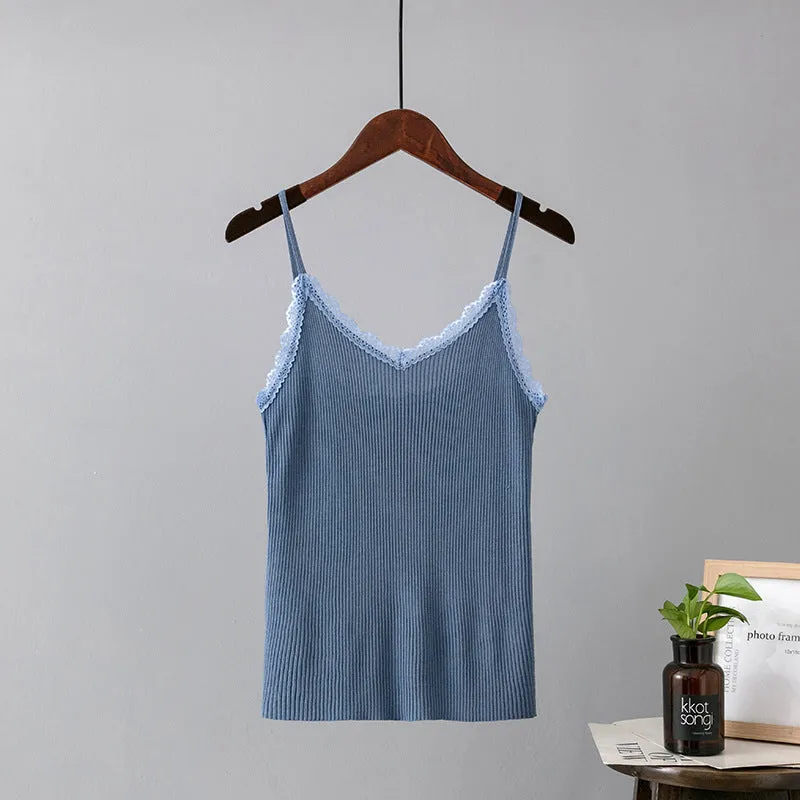 Summer Lace Strap Slim Knit V-Neck Top