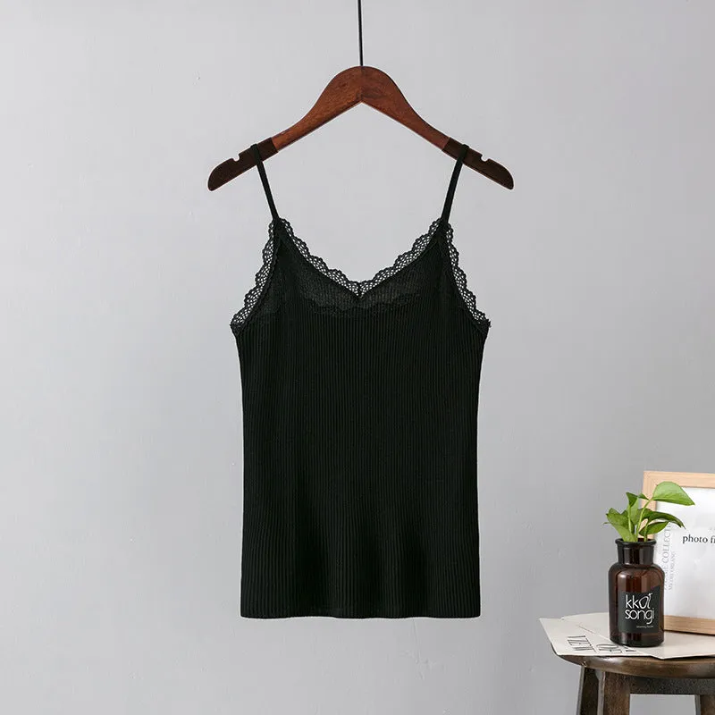 Summer Lace Strap Slim Knit V-Neck Top