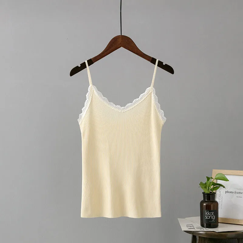 Summer Lace Strap Slim Knit V-Neck Top