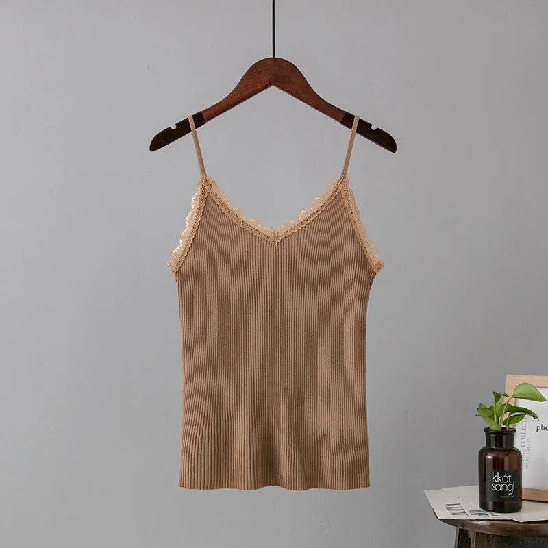 Summer Lace Strap Slim Knit V-Neck Top