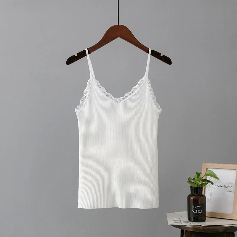 Summer Lace Strap Slim Knit V-Neck Top