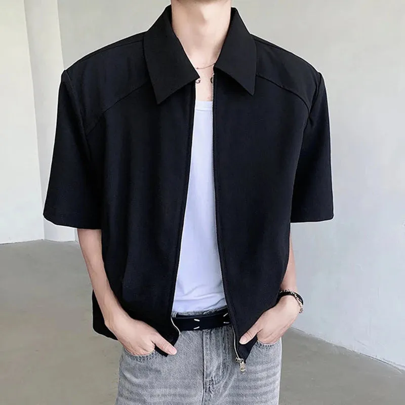 Summer Men's Jacket Simple Handsome Short Sleeve Coat Double Zipper Design Lapel Fashion Solid Color Male Top 9C5896