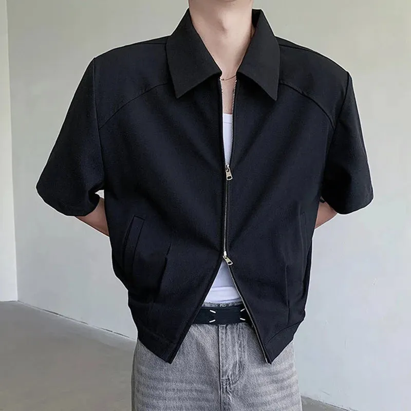 Summer Men's Jacket Simple Handsome Short Sleeve Coat Double Zipper Design Lapel Fashion Solid Color Male Top 9C5896