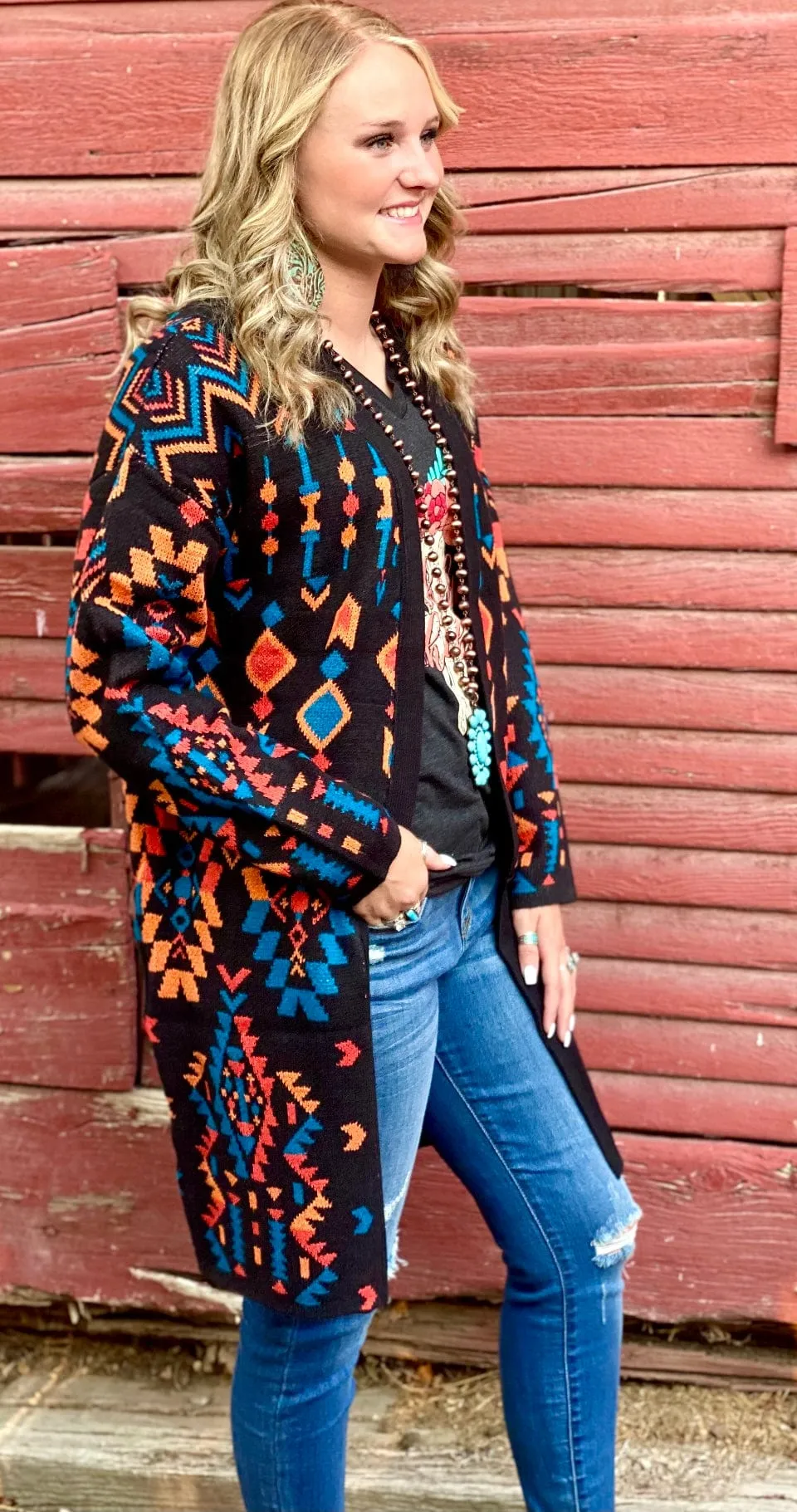 The Black Annie Oakley Aztec Long Sweater