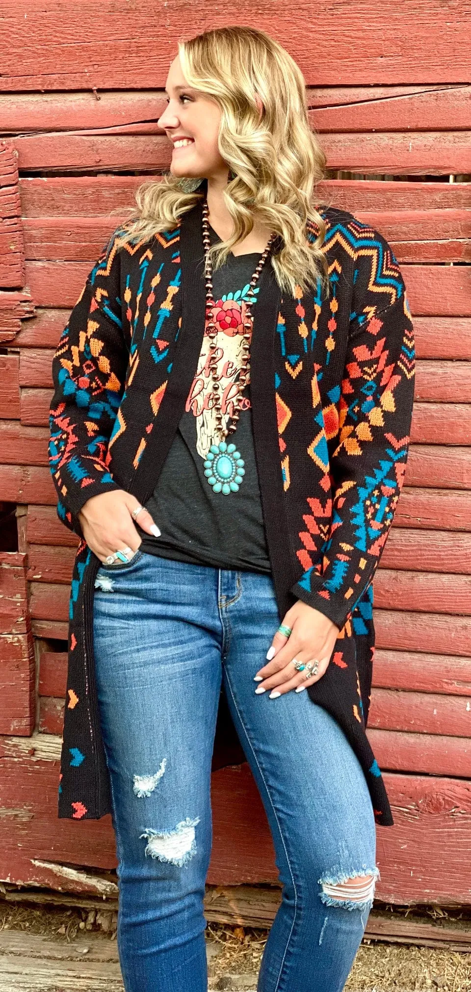 The Black Annie Oakley Aztec Long Sweater