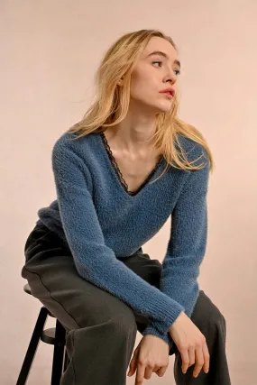 The Gisele Lace Trim Sweater - Ocean Blue