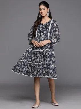 varanga navy blue and white floral print georgette ethnic round neck dress