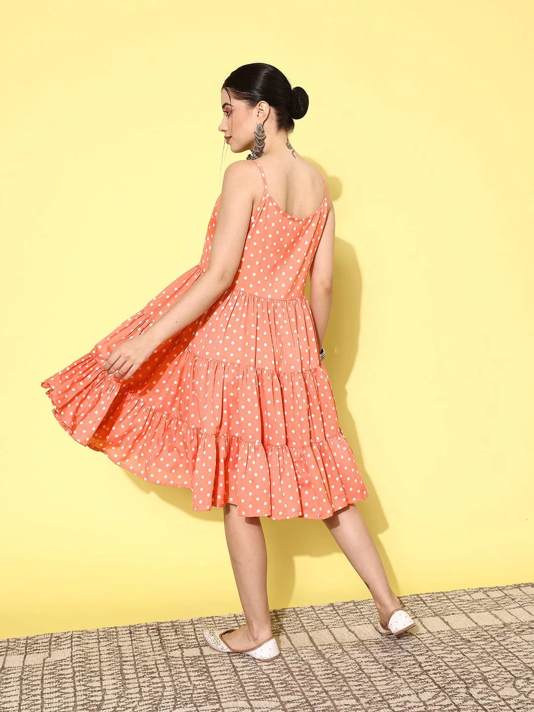 Varanga Peach Coloured Polka Dot Printed Crepe A-Line Dress