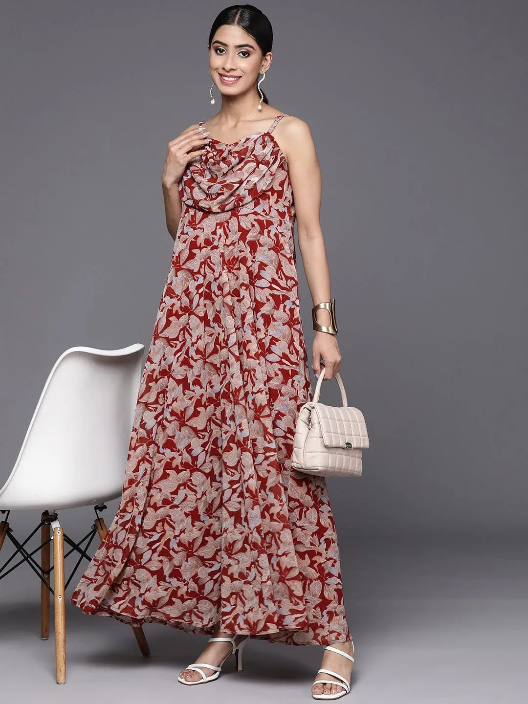 Varanga Red And Grey Floral Floral Print Georgette A Line Maxi Dress