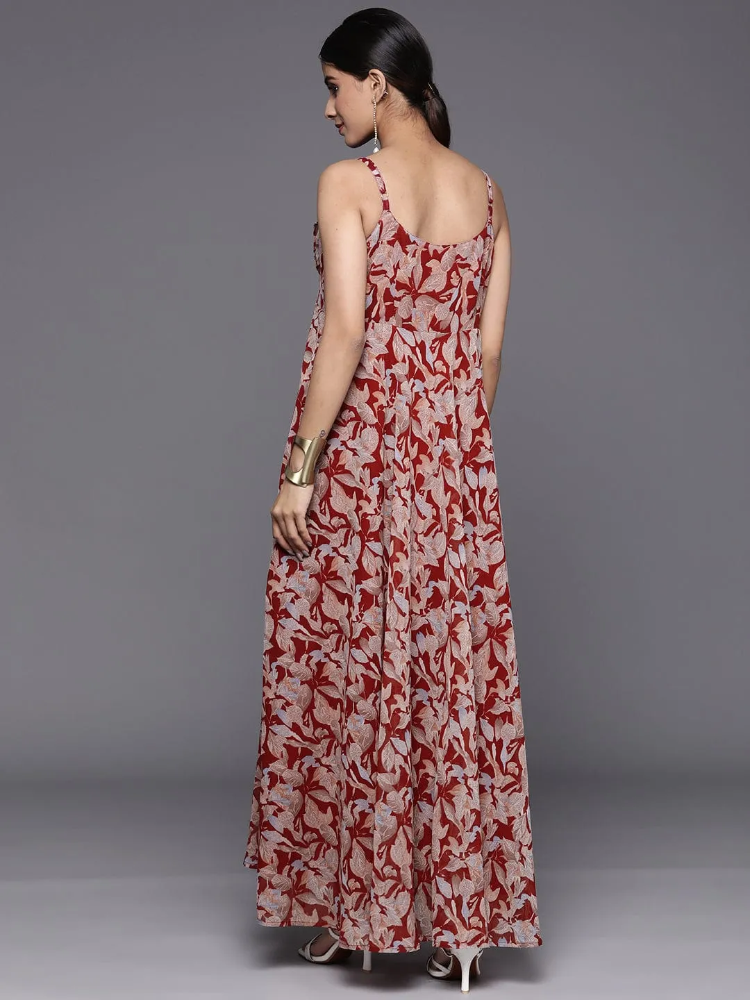 Varanga Red And Grey Floral Floral Print Georgette A Line Maxi Dress