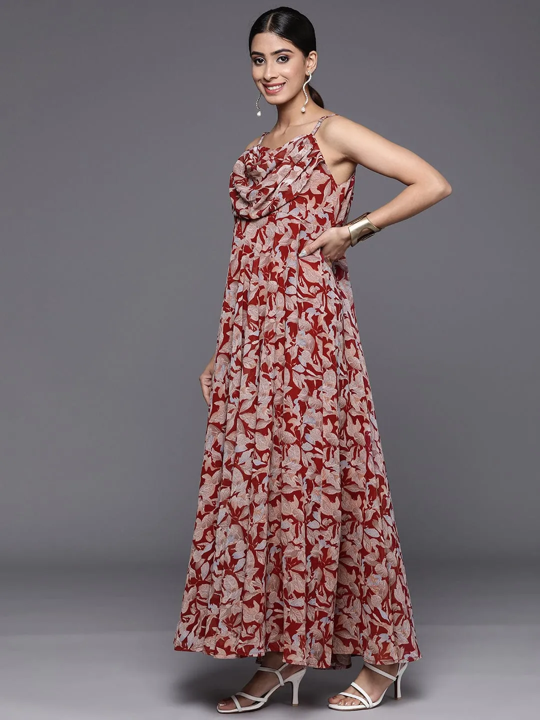 Varanga Red And Grey Floral Floral Print Georgette A Line Maxi Dress