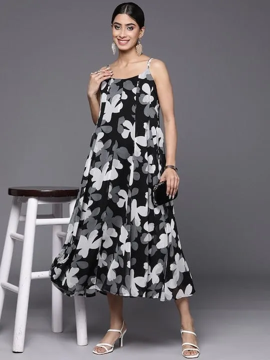 varanga women floral print georgette a line midi dress