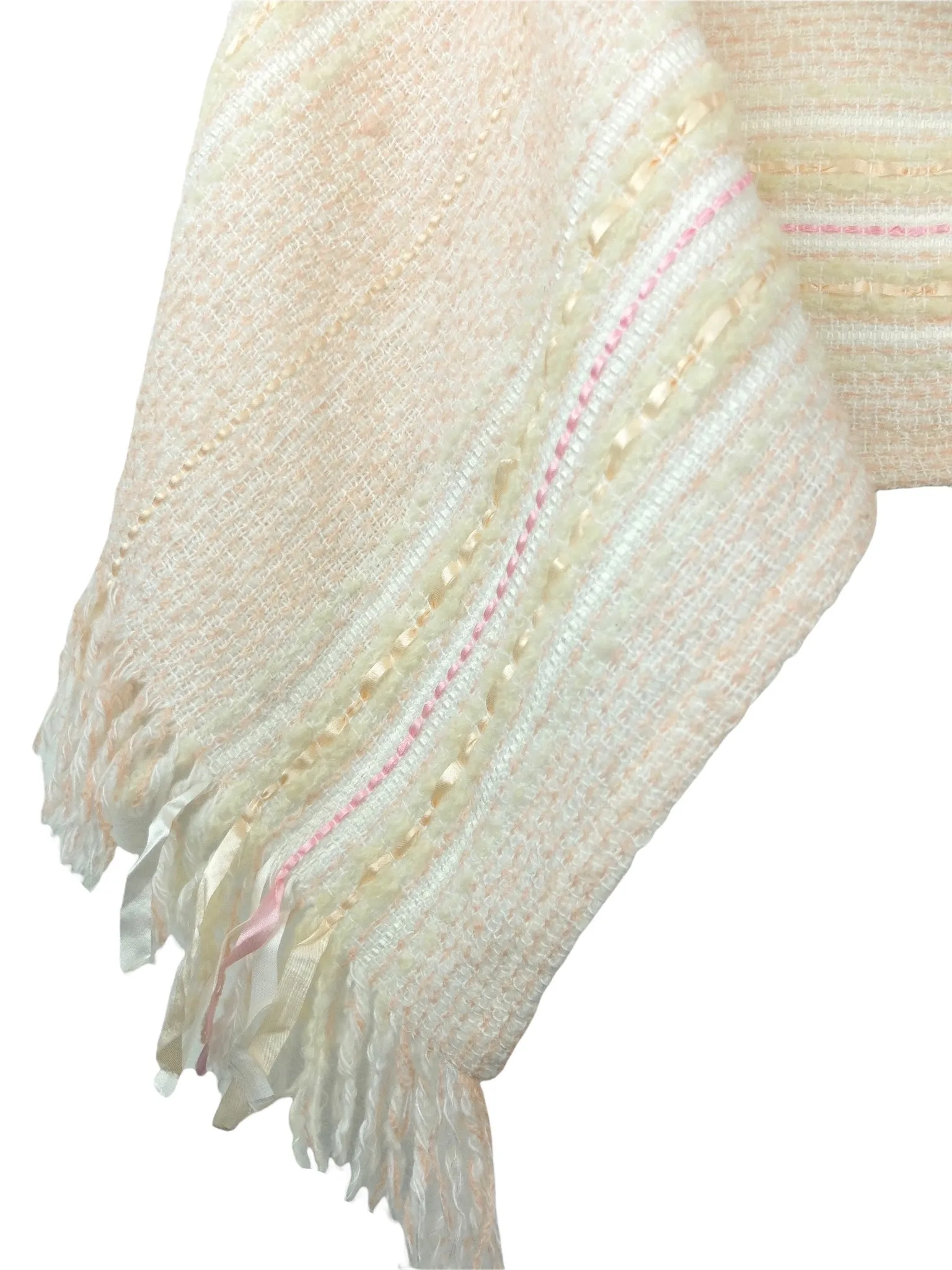 Vintage 60s Mod Chic Preppy Pastel Cream & Pink Woven Tweed Long Wide Wrap Winter Scarf with Fringe