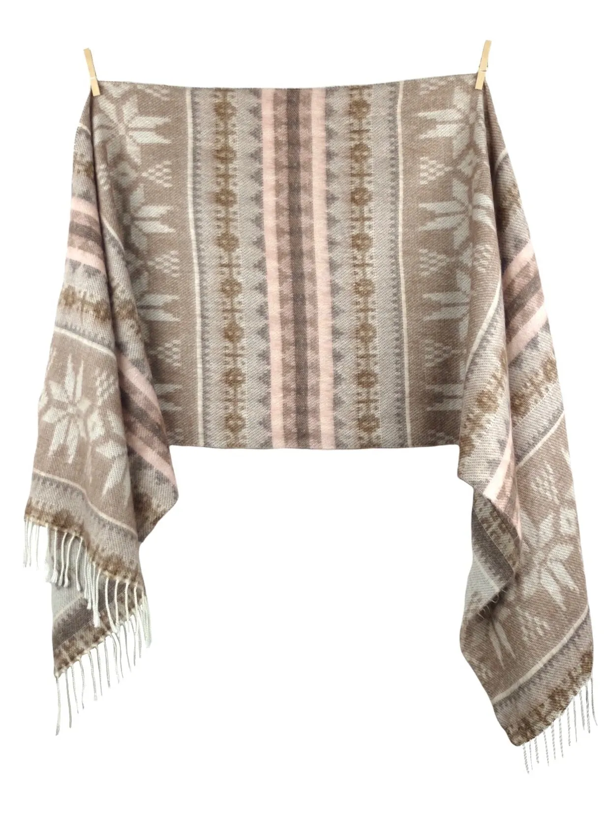 Vintage 80s Chic Bohemian Pastel Brown & Pink Soft Wide Long Wrap Winter Blanket Scarf with Fringe