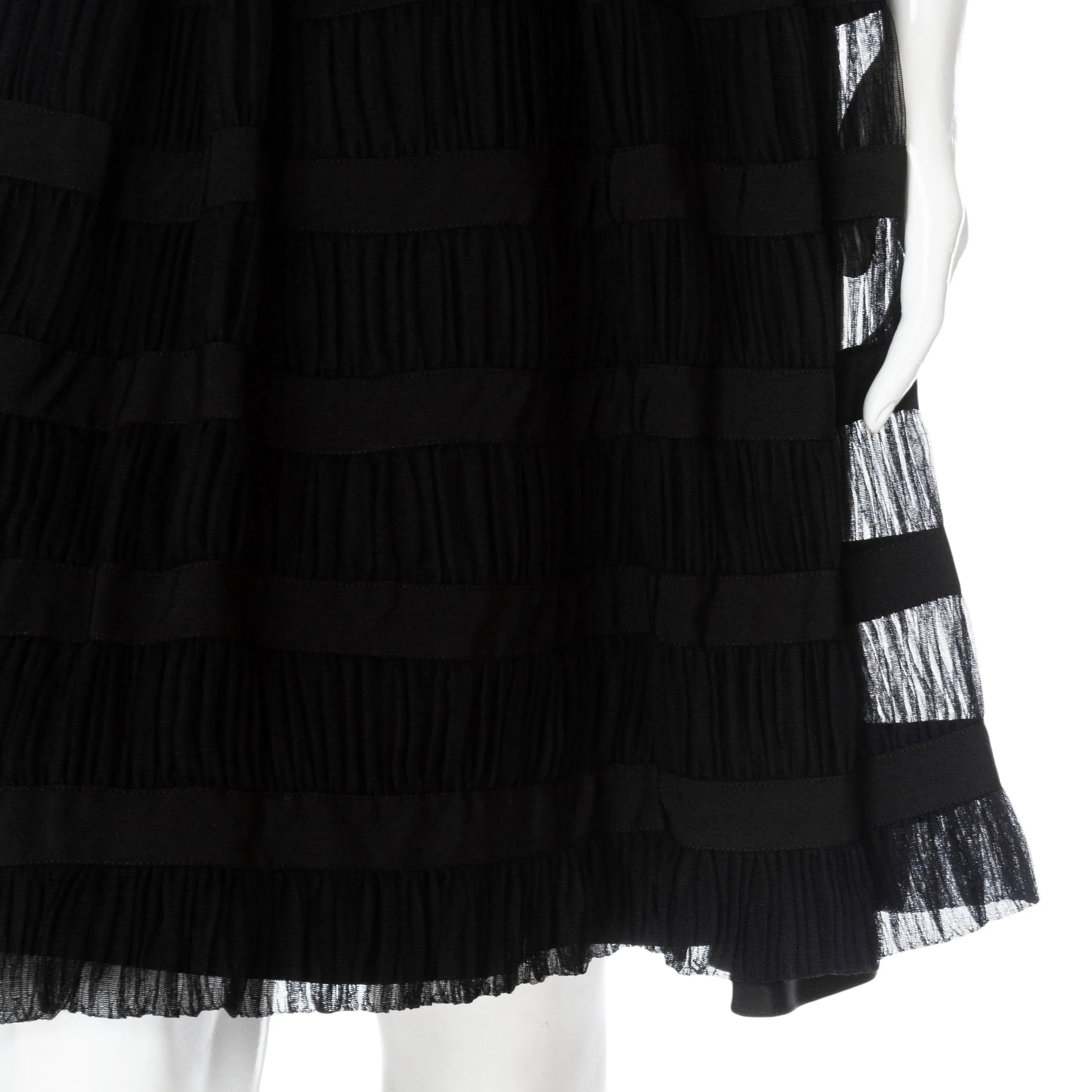 Vintage Black Silk Ruched Stripe Fit and Flare Cocktail Dress