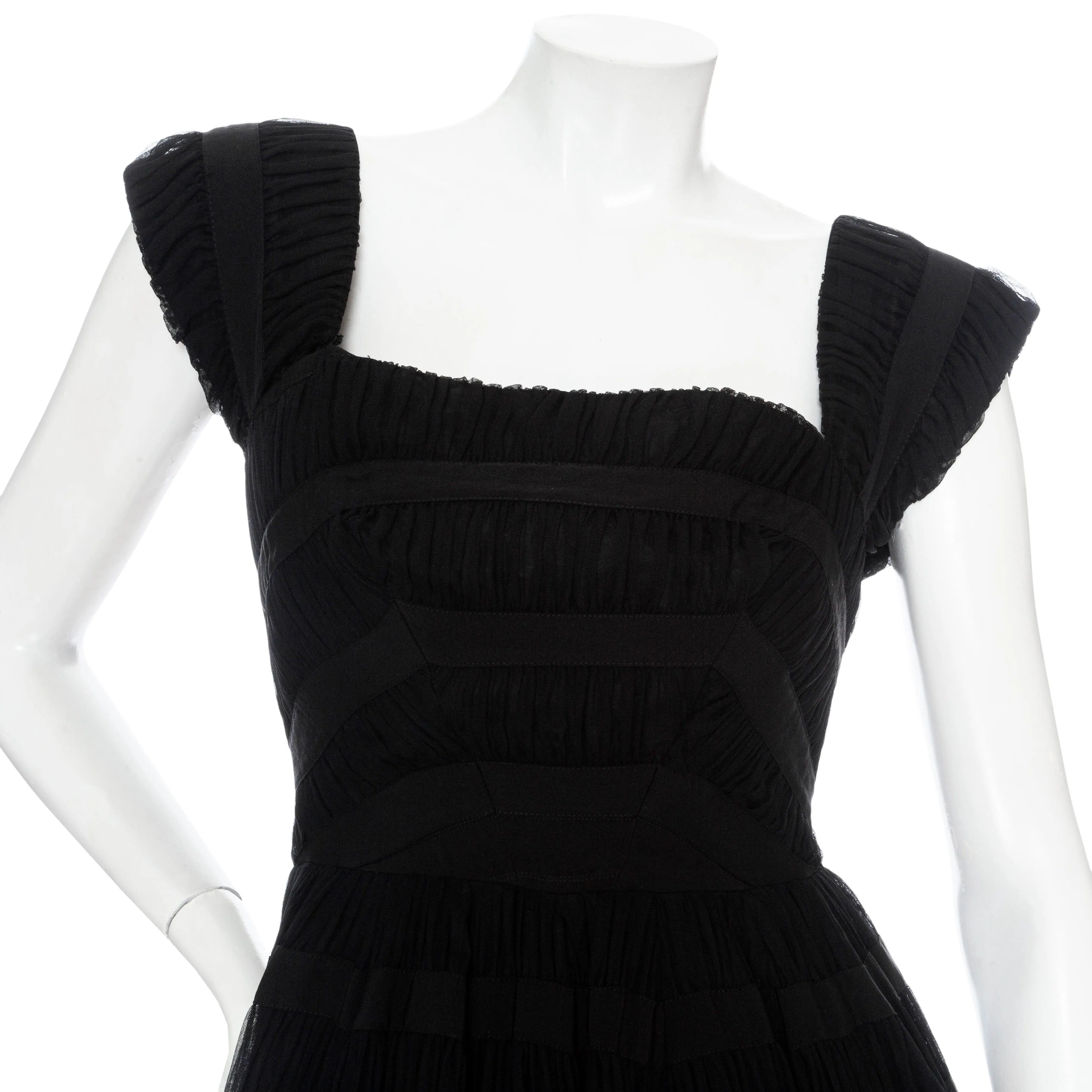 Vintage Black Silk Ruched Stripe Fit and Flare Cocktail Dress