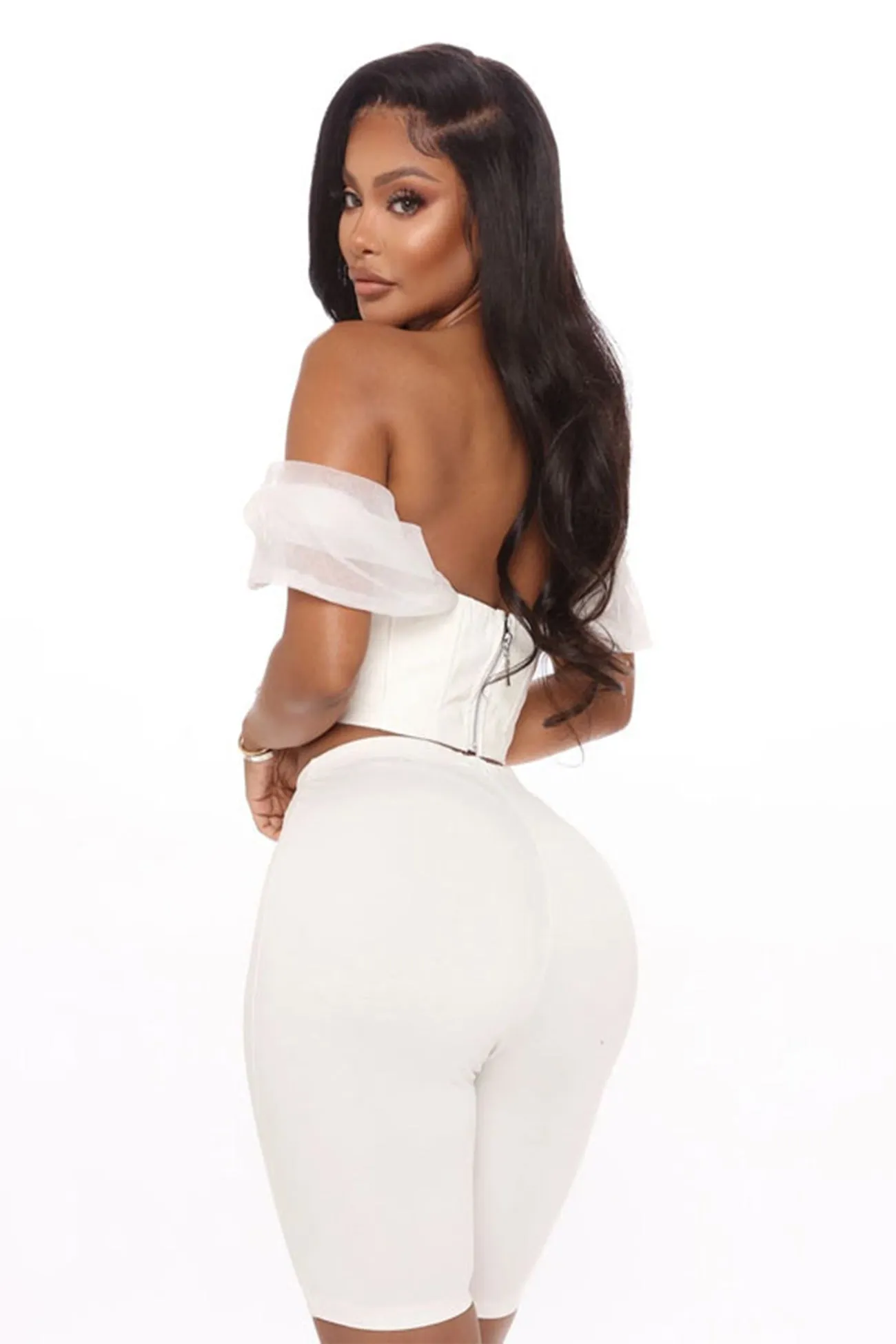 White Off Shoulder Mesh Corset Crop Top