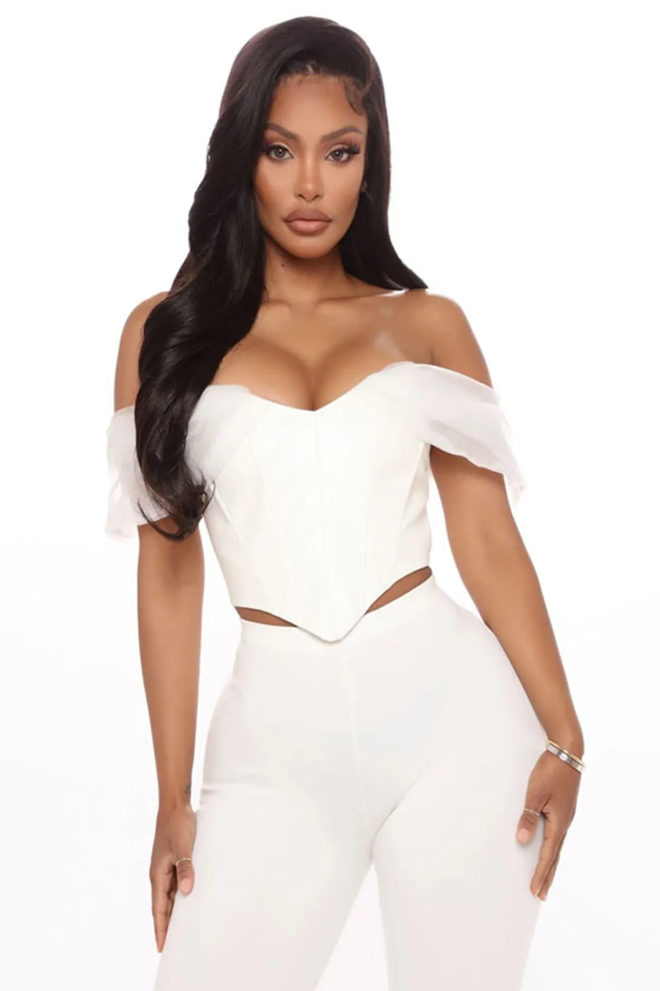 White Off Shoulder Mesh Corset Crop Top