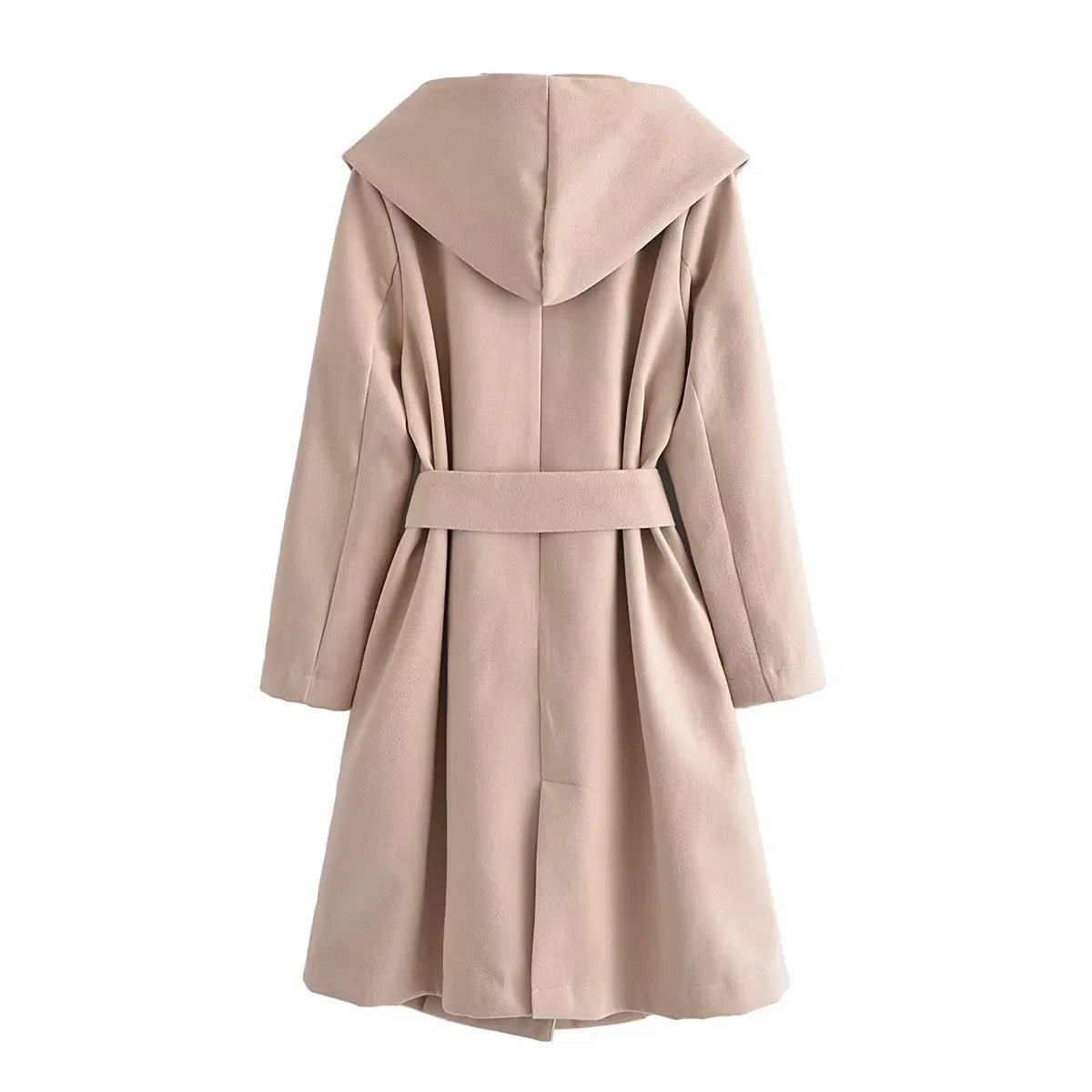 Women Clothing Belt Hooded Casual Long Sleeve Overcoat Jacket