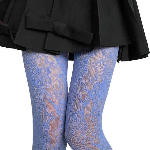 Women Colorful Floral-Patterned Fishnet Tights See-through Lace Tights