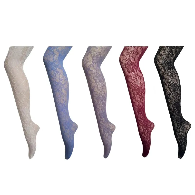 Women Colorful Floral-Patterned Fishnet Tights See-through Lace Tights