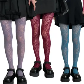 Women Colorful Floral-Patterned Fishnet Tights See-through Lace Tights