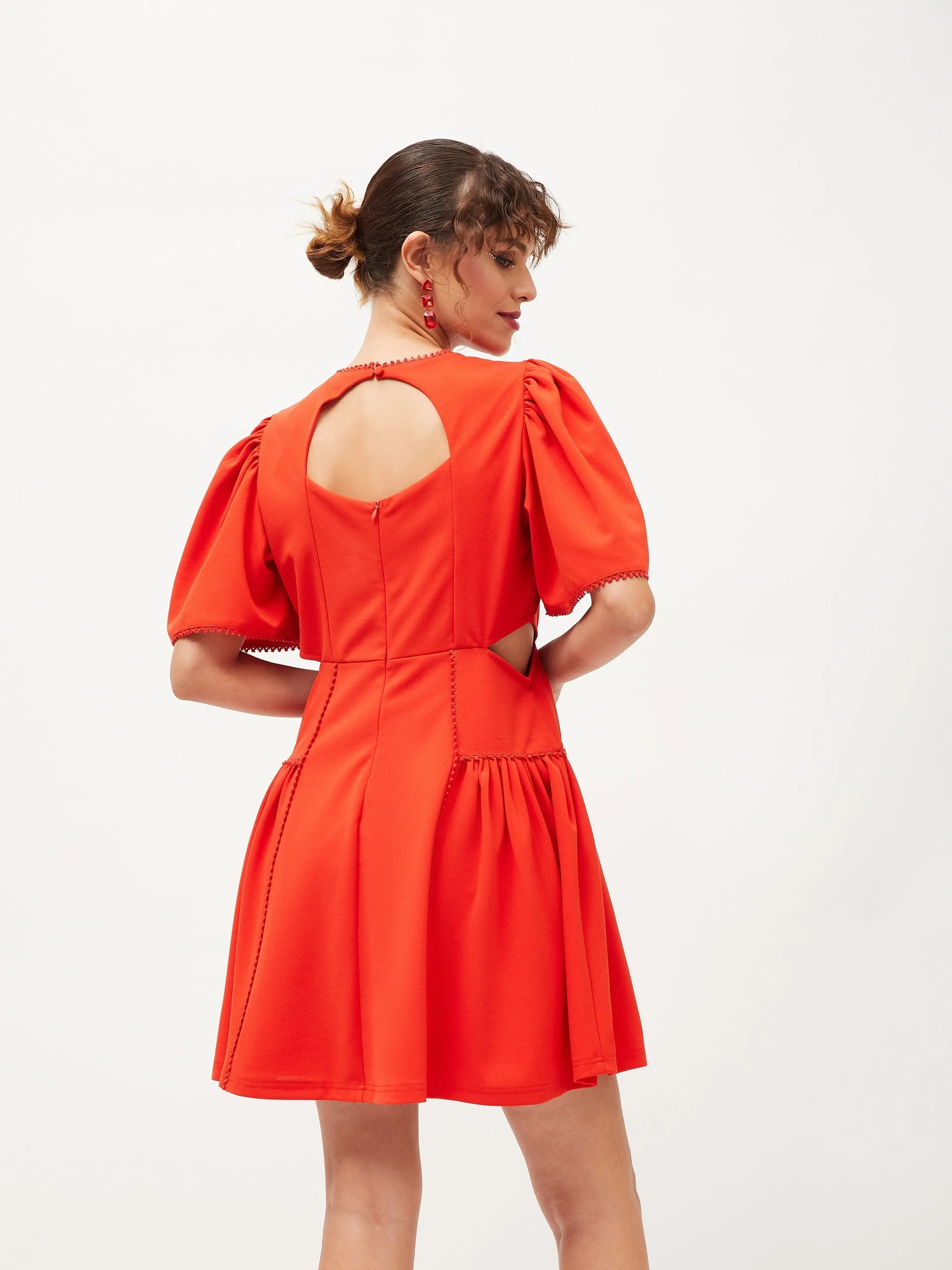 Women Orange Side Cut Out Skater Dress