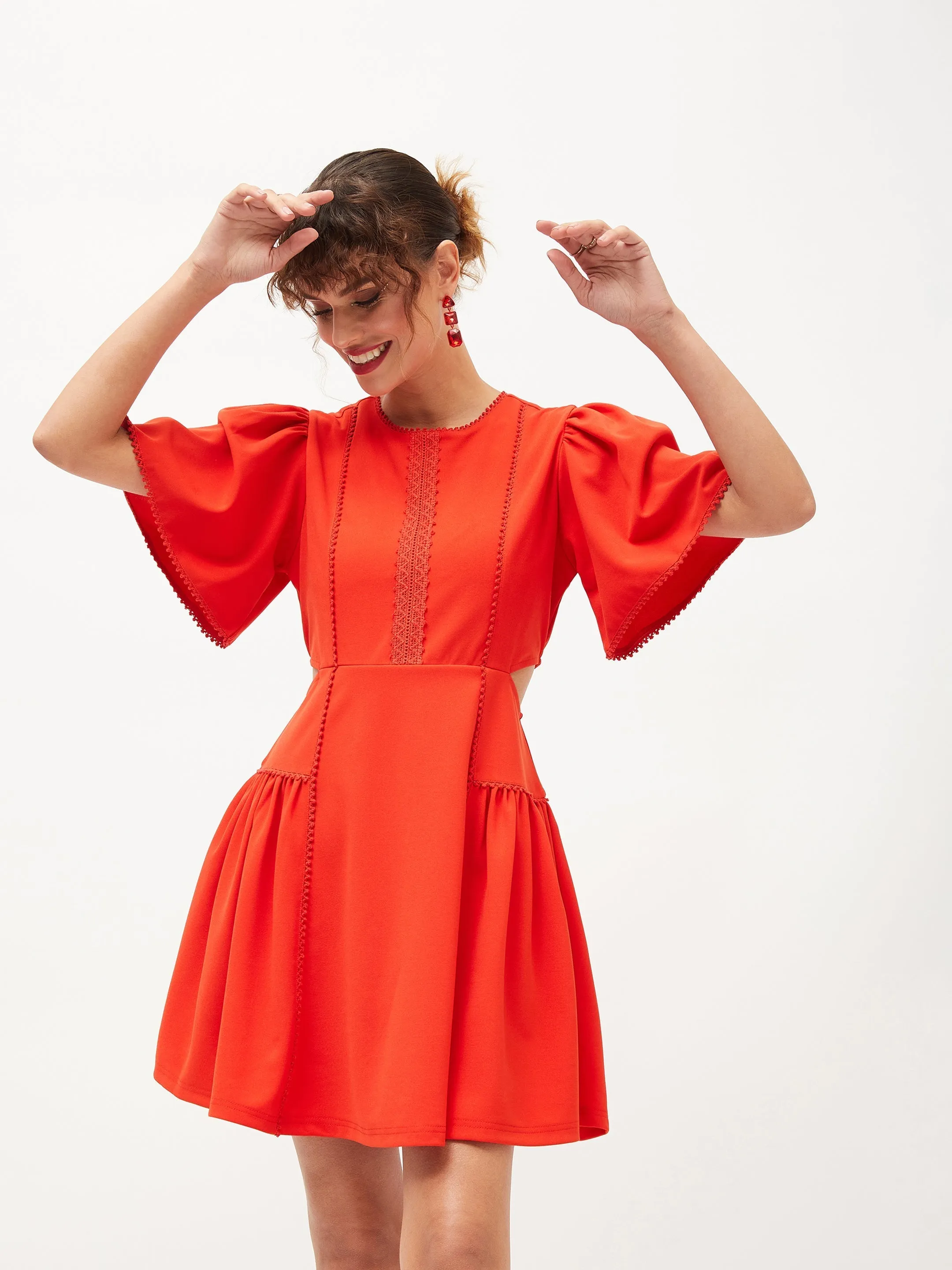 Women Orange Side Cut Out Skater Dress