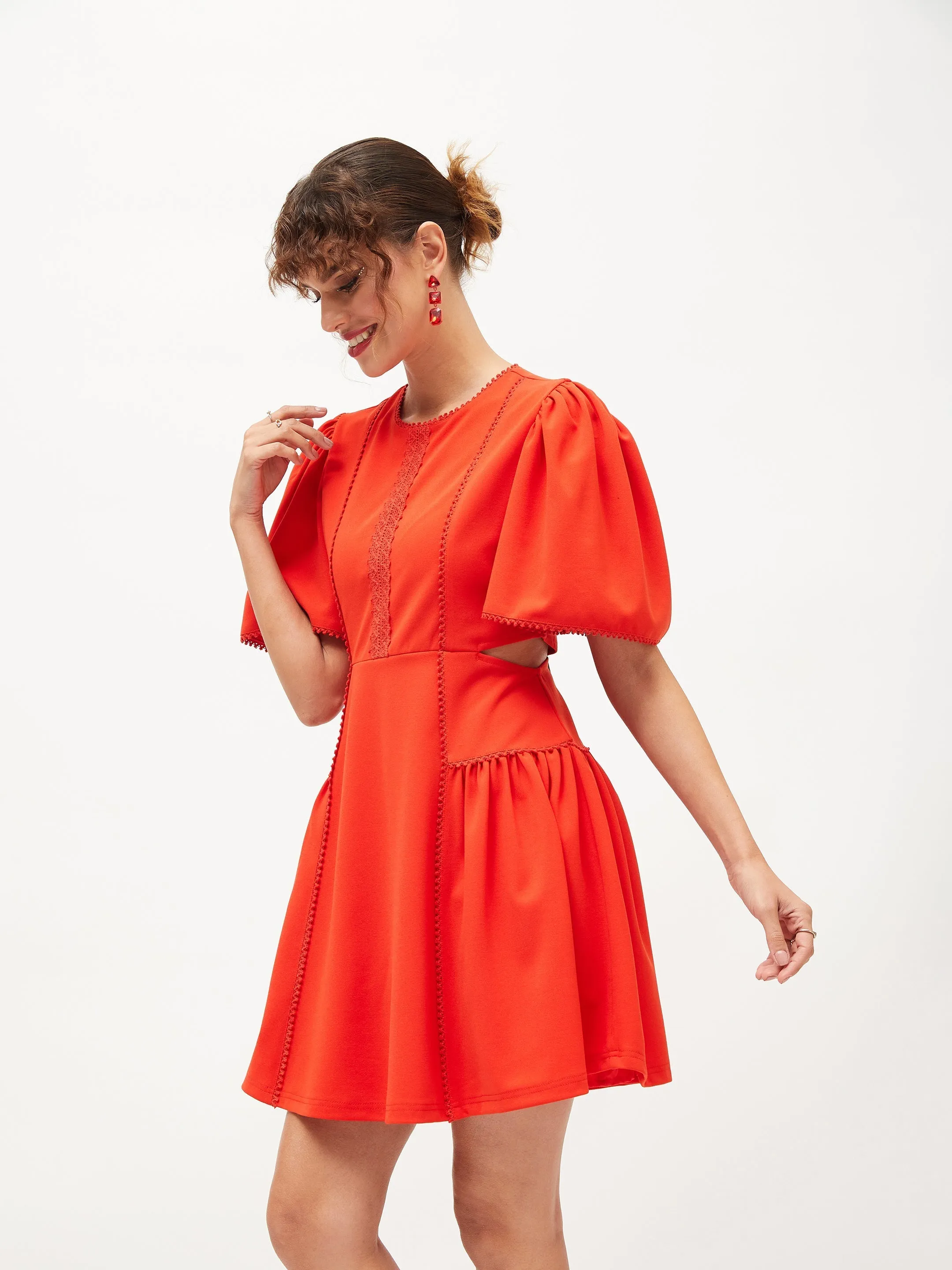 Women Orange Side Cut Out Skater Dress