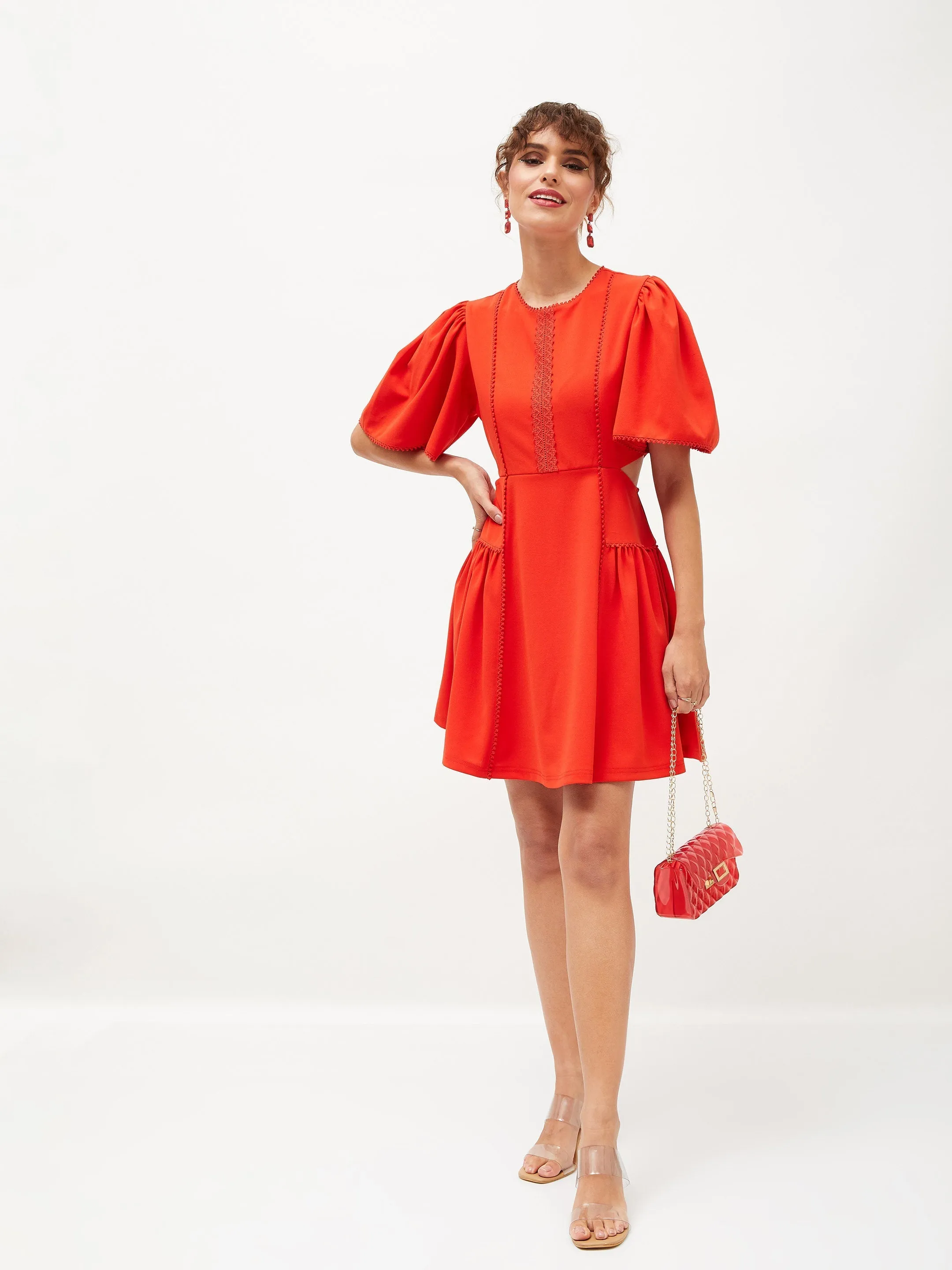 Women Orange Side Cut Out Skater Dress